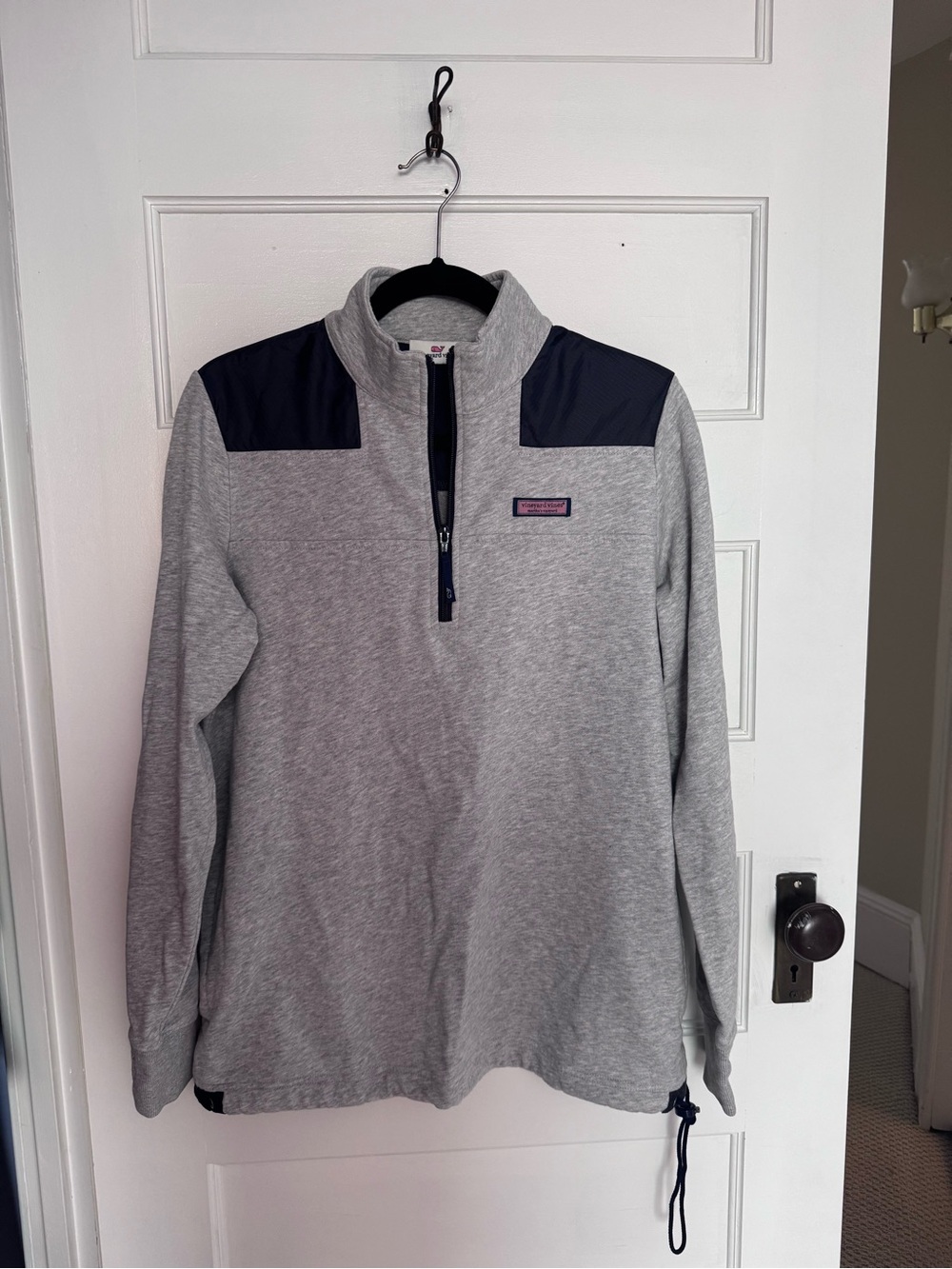 Vineyard Vines Gray Half-Zip Sweater with Navy Shoulder Panels